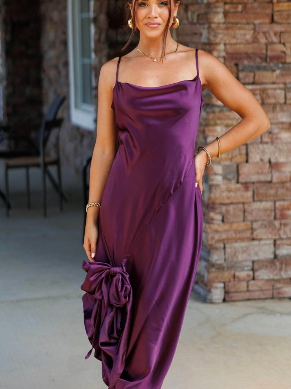 Satin Cowl Midi Dress with Side Bow in Purple